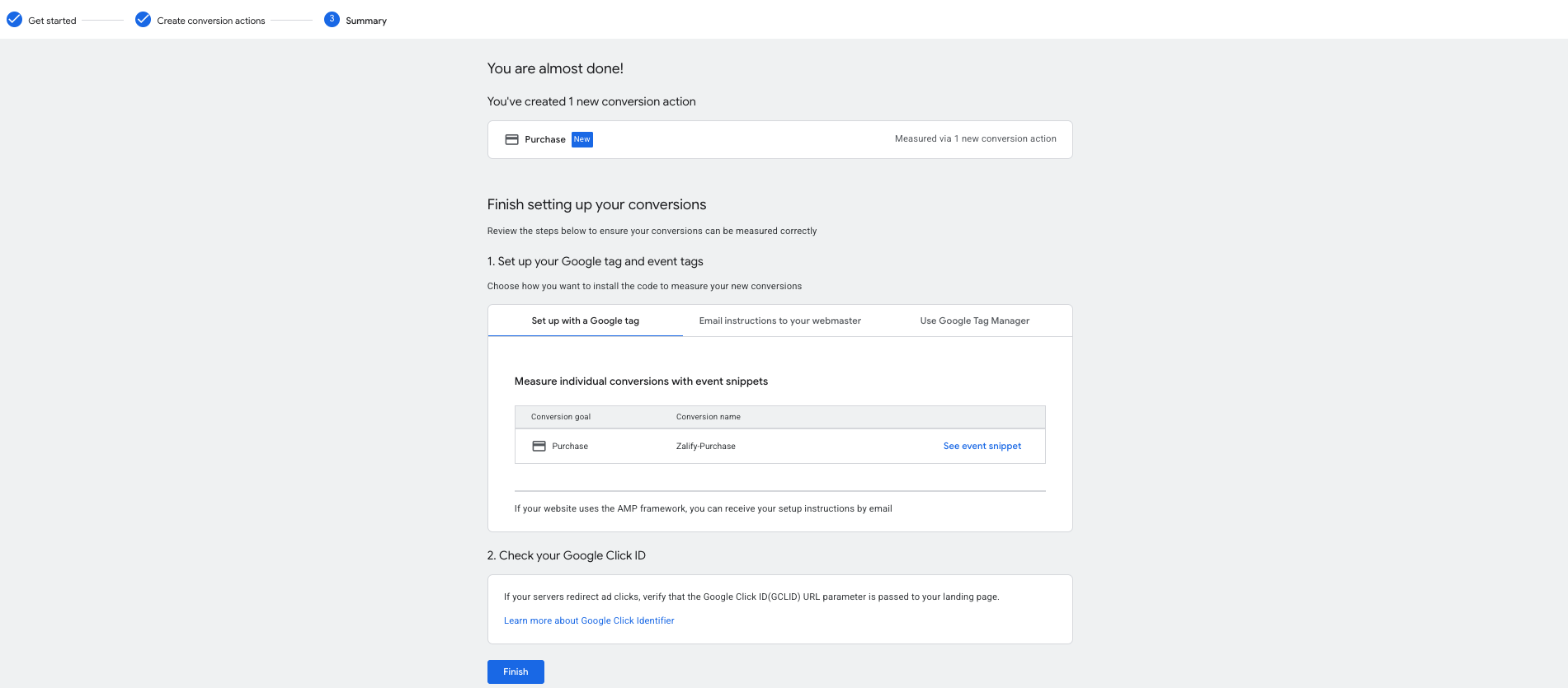 Summary: set up with Google tag, See event snippet