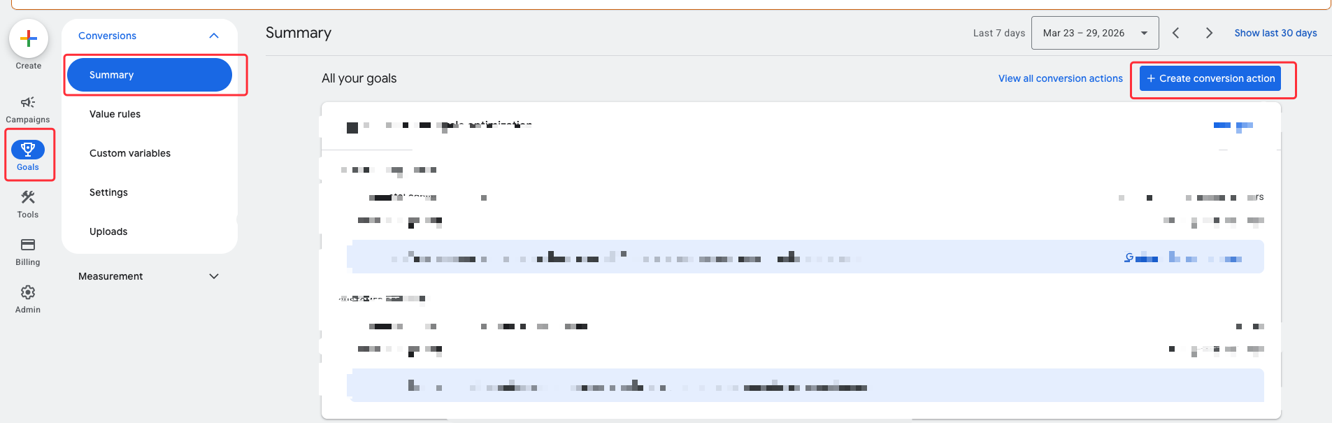 Google Ads: Goals → Conversions → Summary, Create conversion action