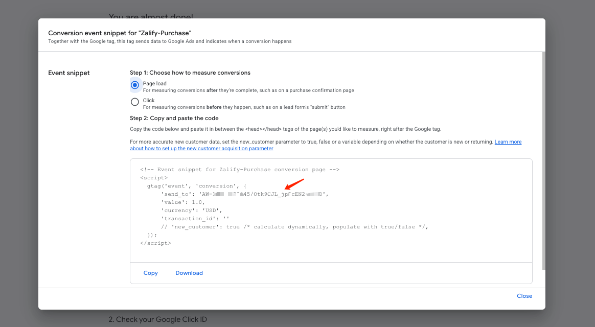 Event snippet: send_to — ID before slash, label after