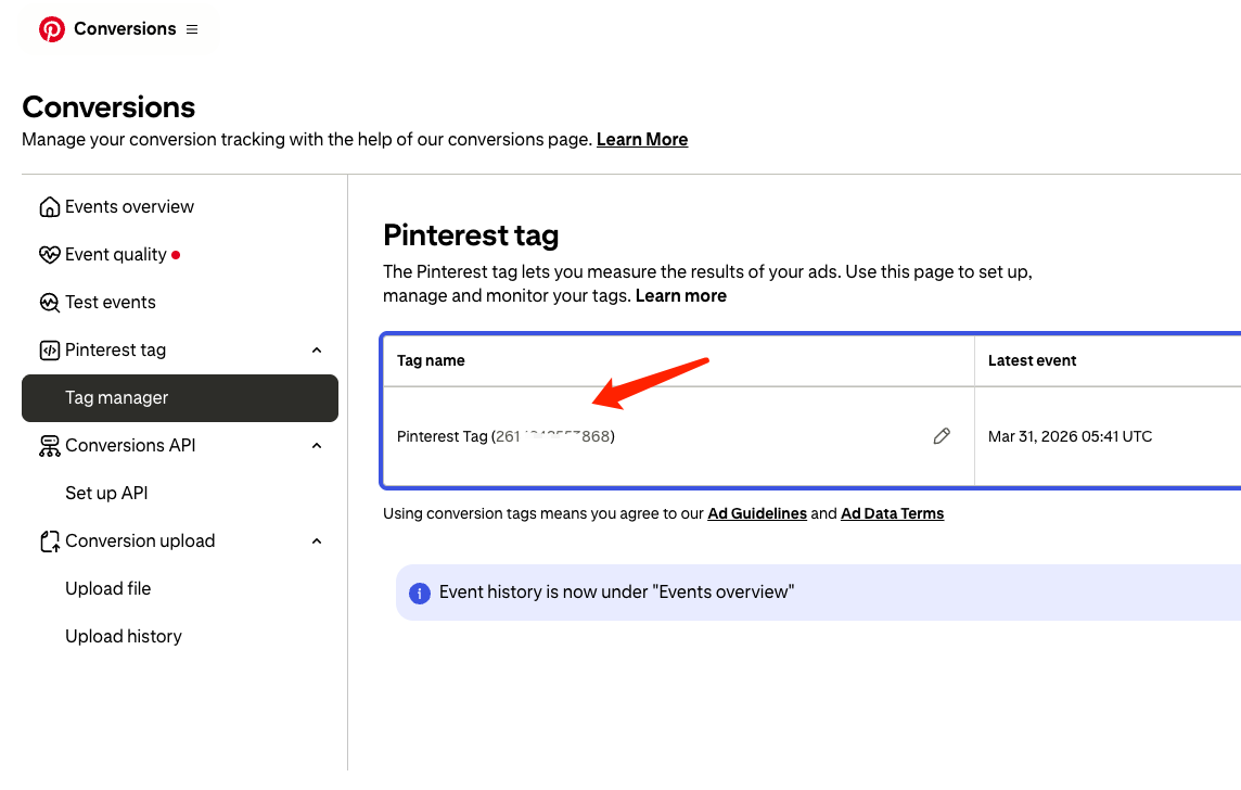 Pinterest Tag: Tag manager shows the tag name and Tag ID