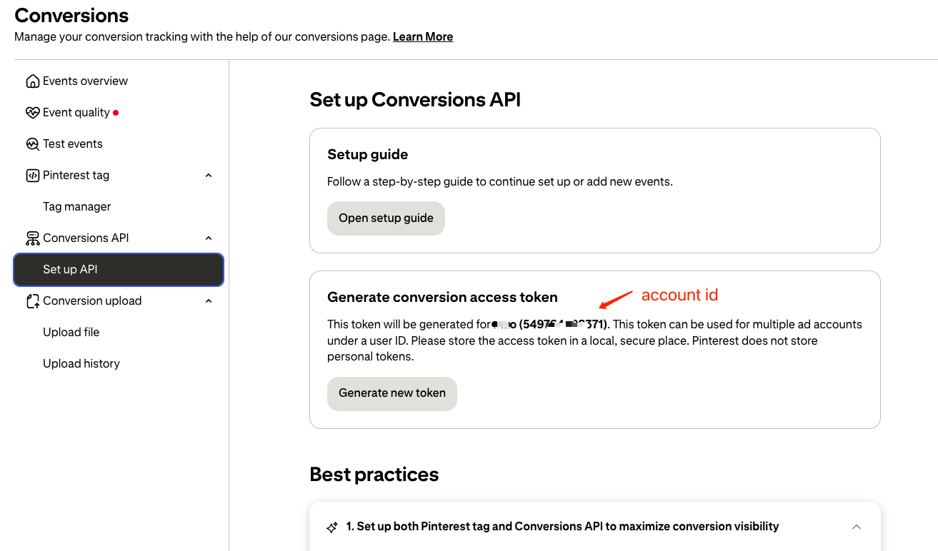Conversions API: Set up API — Account ID and generate access token