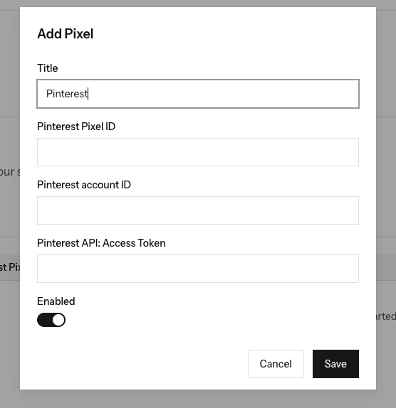Zalify: Add Pinterest Pixel — Pixel ID, account ID, and Access Token