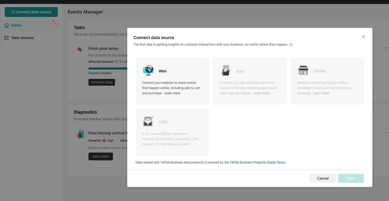 TikTok Events Manager: connect website data source