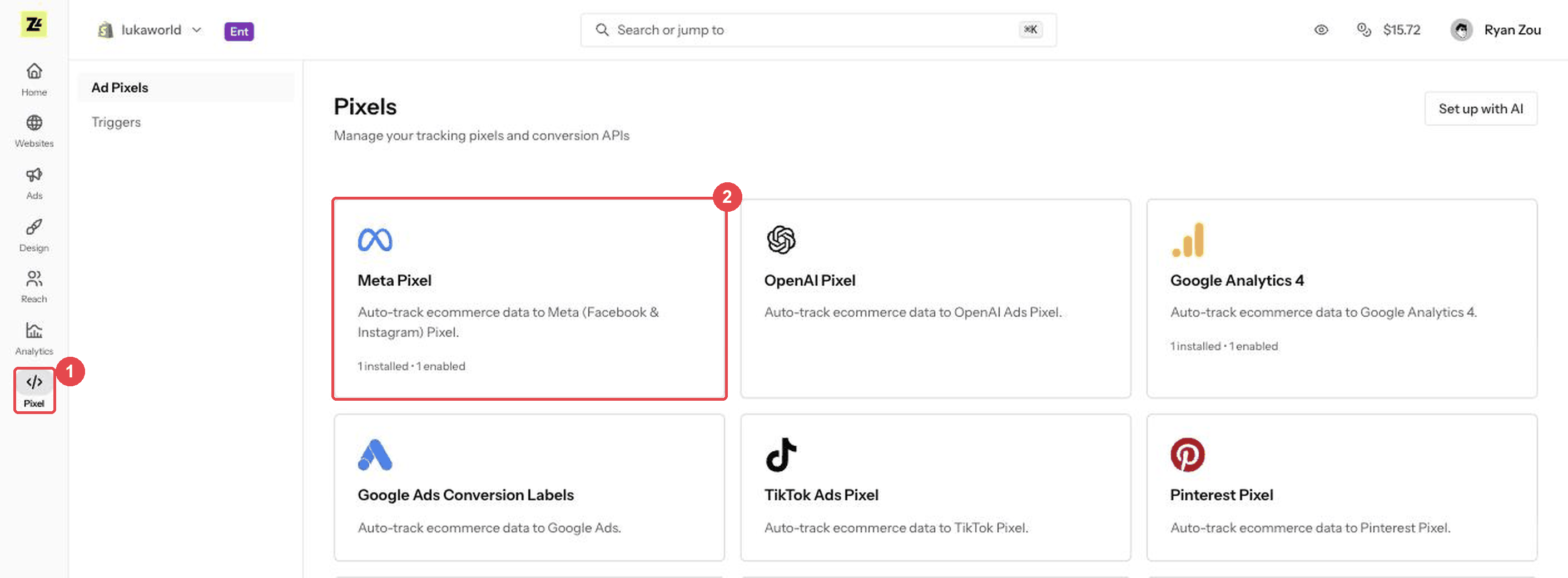 Zalify dashboard: ① click Pixel in the sidebar ② choose Meta Pixel
