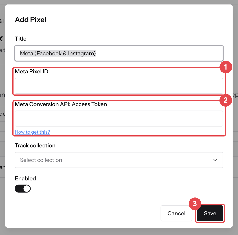 Add Pixel dialog: ① Meta Pixel ID ② Meta Conversion API access token ③ Save
