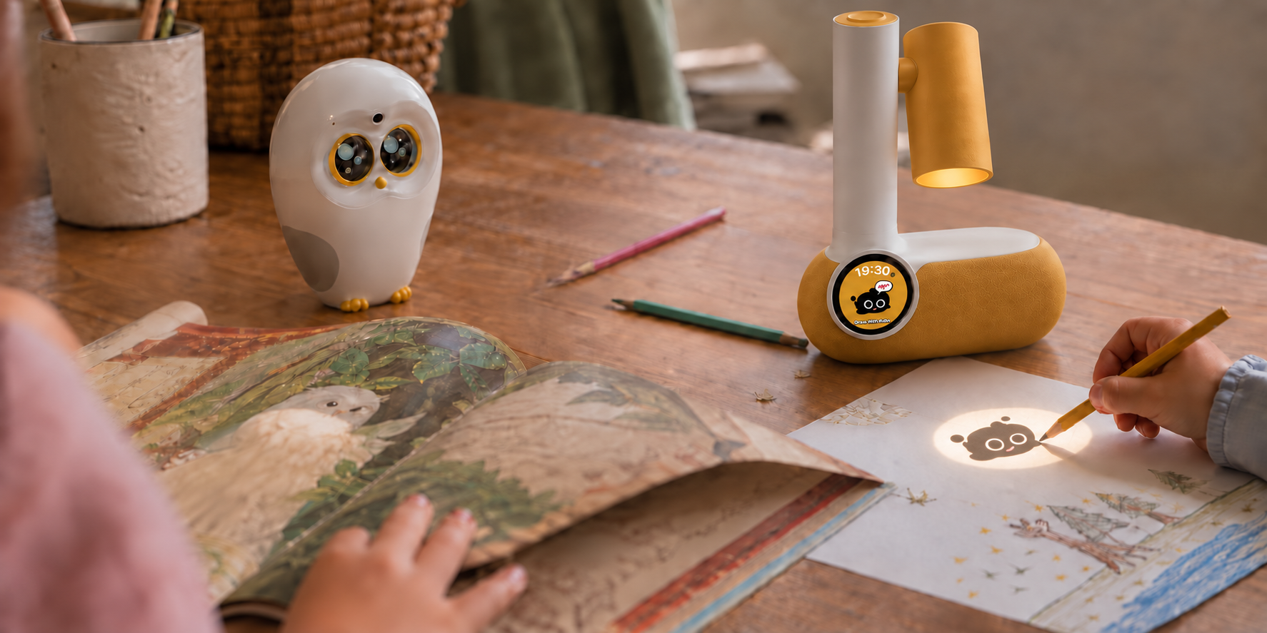 Luka Reading Robot beside an open picture book while a child draws under the Drawing Projector